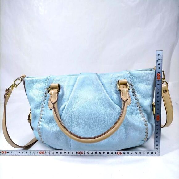 Auth MCM Light Blue Leather Tan Trim 2way Saddle Hobo Bag Satchel Preloved Purse - Picture 2 of 9